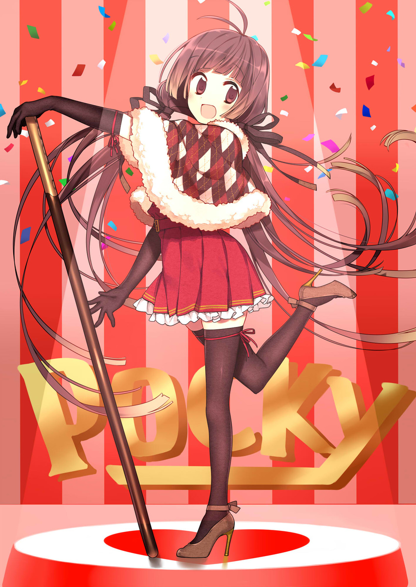 :d antenna_hair argyle black_hair black_legwear capelet confetti elbow_gloves food gloves hanabana_tsubomi high_heels highres leg_up long_hair open_mouth original pleated_skirt pocky red_eyes shoes skirt smile solo standing standing_on_one_leg striped striped_background thighhighs vertical-striped_background vertical_stripes very_long_hair