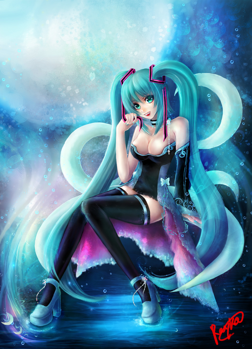 absurdres aqua_hair artist_name black_legwear breasts choker detached_sleeves green_eyes hair_ribbon hatsune_miku high_heels highres jewelry large_breasts legs long_hair long_legs necklace rayka ribbon shoes sitting solo thighhighs thighs twintails very_long_hair vocaloid zettai_ryouiki