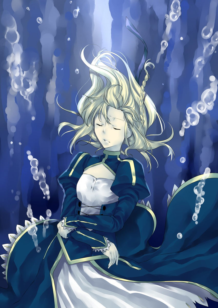 absurdres air_bubble artoria_pendragon_(all) blonde_hair braid bubble closed_eyes crossed_arms dress fate/stay_night fate_(series) highres long_hair nashoki puffy_sleeves saber single_braid solo underwater