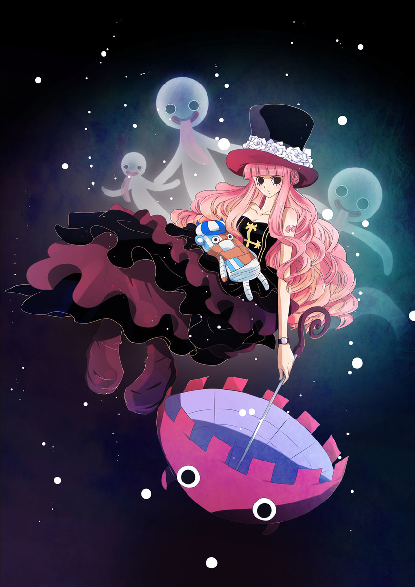 1girl bare_shoulders bat_(symbol) dress flower ghost hat hat_flower highres kazuke kumacy kuraigana_island long_hair one_piece perona pink_hair red_umbrella rose roses strapless tattoo top_hat umbrella white_rose