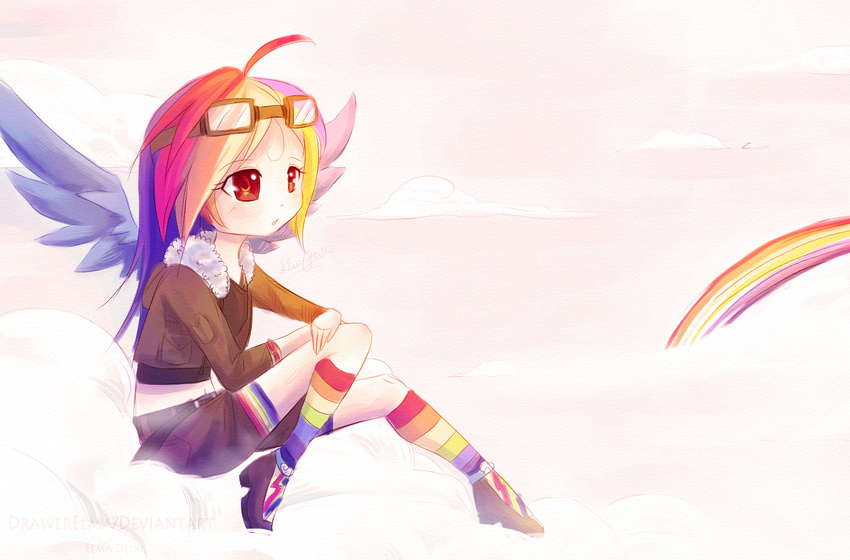 anthro drawerelma eyewear female friendship_is_magic goggles hair human humanized mammal multi-colored_hair my_little_pony not_furry plain_background rainbow_dash_(mlp) solo white_background wings
