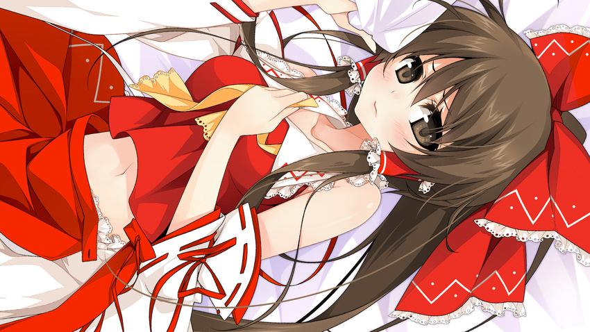 bed blush brown_eyes brown_hair cropped hakurei_reimu hand_on_own_chest highres long_hair lying navel reina_(black_spider) solo touhou