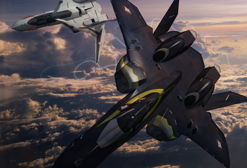 90s aircraft airplane canards cloud condensation_trail dusk flying jet macross macross_plus mecha no_humans oldschool realistic science_fiction u.n._spacy variable_fighter yellow_man yf-19 yf-21