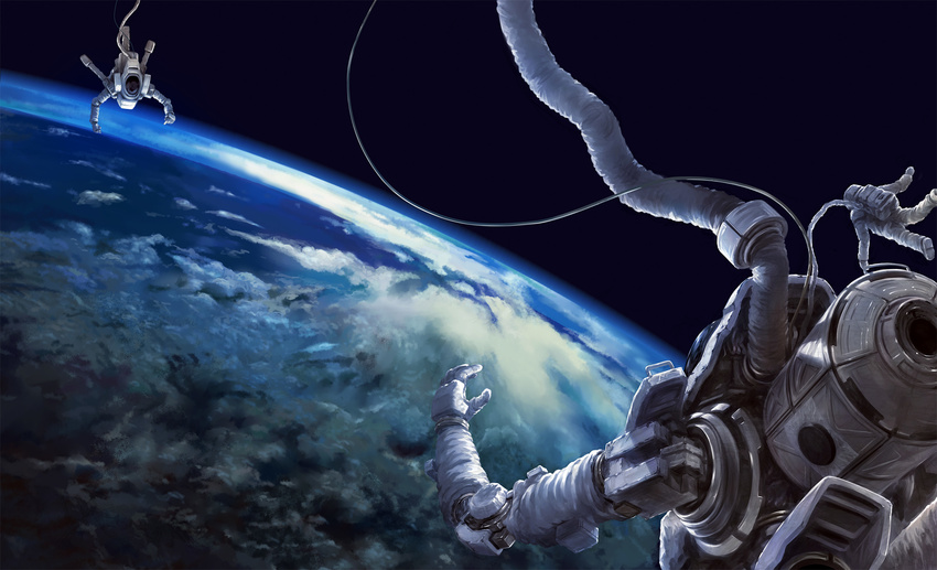 absurdres american_flag astronaut bad_id bad_pixiv_id cable earth epic highres mecha multiple_boys original realistic science_fiction space spacesuit totuka