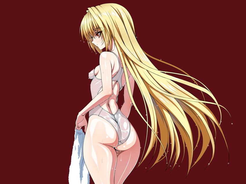 blonde_hair competition_swimsuit highres inagaki konjiki_no_yami long_hair one-piece_swimsuit red_eyes see-through solo swimsuit to_love-ru towel very_long_hair wet white_swimsuit