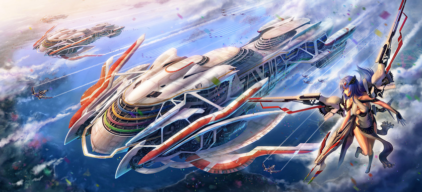 blue_hair cleavage_cutout condensation_trail flying highres long_hair mechanical_wings original pinakes purple_hair science_fiction wings