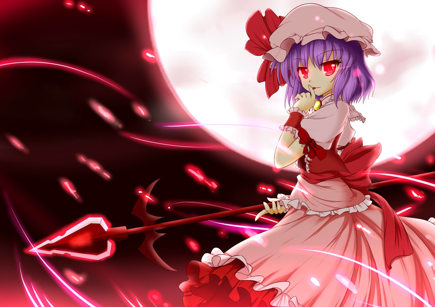 absurdres bat_wings dress full_moon hat highres looking_at_viewer moon night polearm purple_hair red_eyes remilia_scarlet short_hair solo spear touhou weapon wings wrist_cuffs