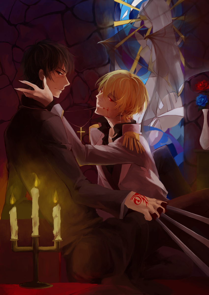 absurdres between_fingers black_keys blonde_hair brown_eyes brown_hair candle command_spell cross cross_necklace earrings fate/zero fate_(series) fe_(sakura) gilgamesh highres jewelry kotomine_kirei male_focus mouth_hold multiple_boys necklace red_eyes smile stained_glass weapon