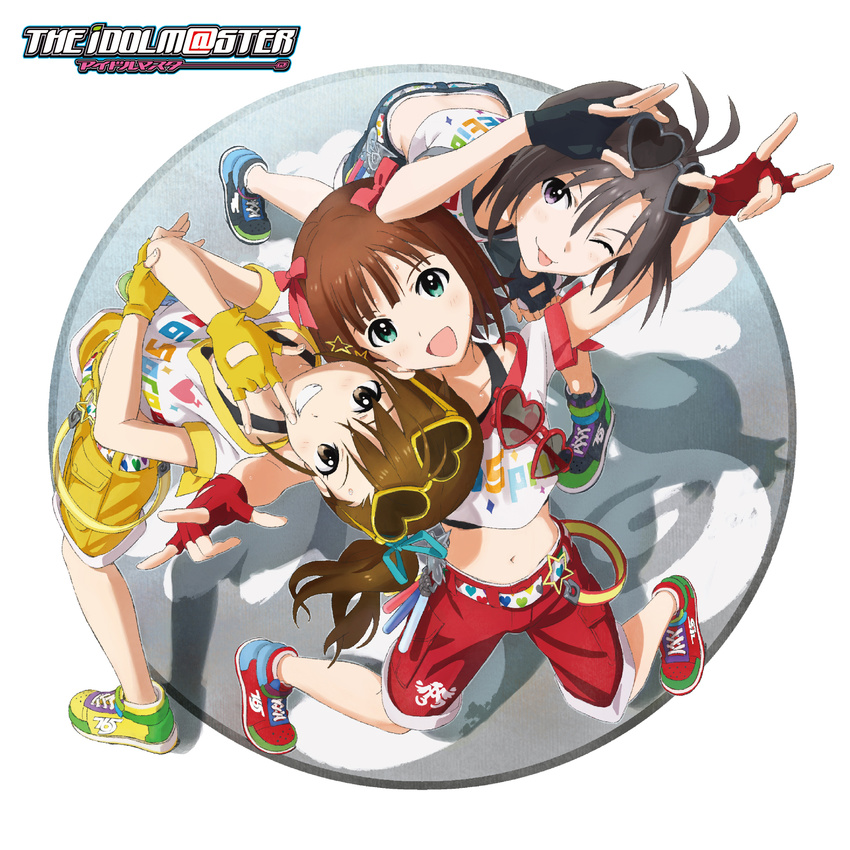 :d :p ahoge album_cover amami_haruka antenna_hair bare_legs belt black_eyes black_hair blush bow brown_eyes brown_hair cover fingerless_gloves futami_mami gloves green_eyes grin hair_bow hair_ribbon hands_on_own_head heart highres idolmaster idolmaster_(classic) jumping kikuchi_makoto leaning leaning_forward matsuo_yuusuke midriff multiple_girls navel official_art one_eye_closed open_mouth ribbon scan shoes short_hair shorts side_ponytail smile sneakers star street_hopper sunglasses tongue tongue_out upside-down