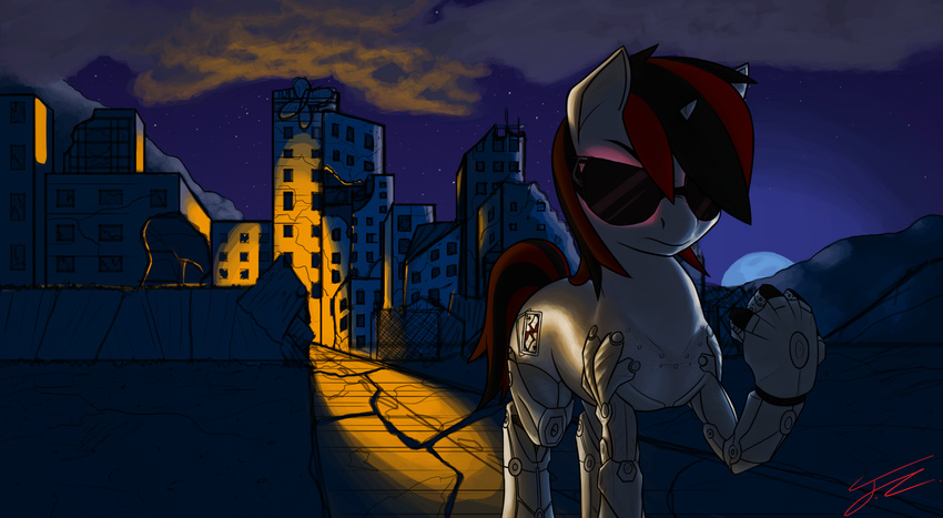 cutie_mark detailed_background deus_ex equine eyewear female feral hi_res horn horse male mammal my_little_pony night original_character outside ponification pony ruins solo spikeshi sunglasses unicorn