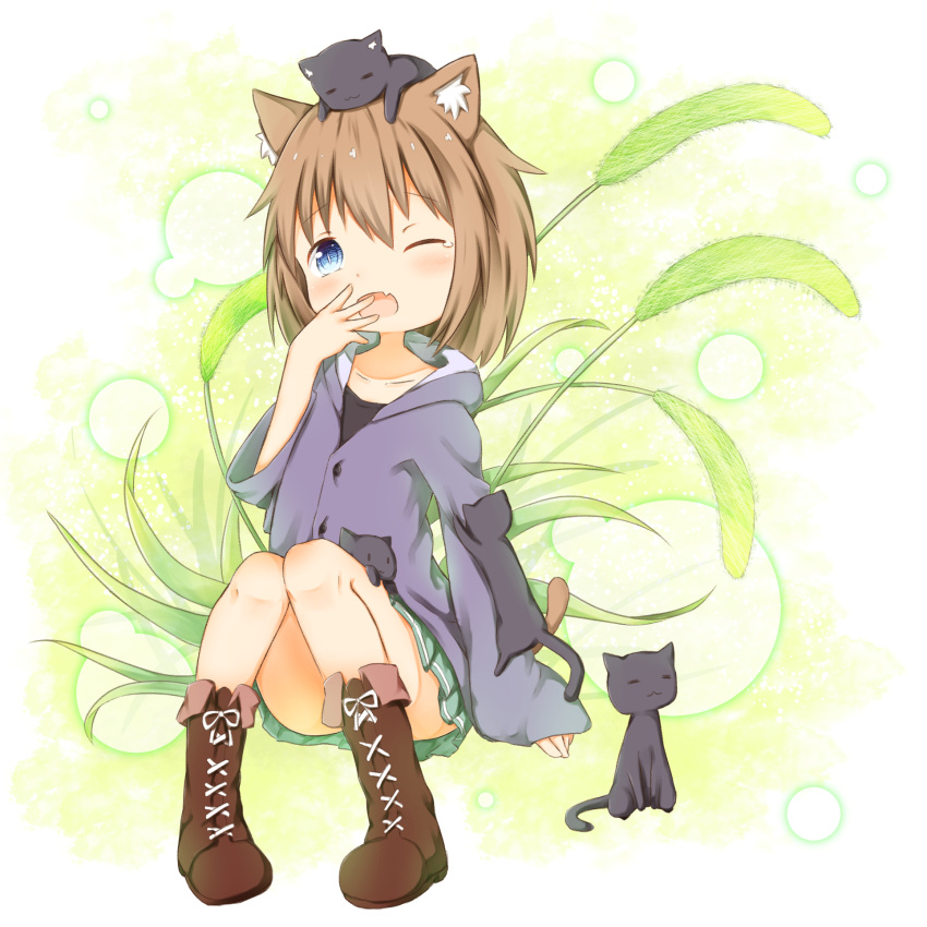 1girl ;o animal animal_ear_fluff animal_ears animal_on_head bangs black_cat black_shirt blue_eyes blush boots brown_footwear brown_hair cat cat_ears cat_on_head cat_teaser collarbone commentary_request convenient_leg cross-laced_footwear eyebrows_visible_through_hair fang green_skirt hair_between_eyes hand_to_own_mouth head_tilt highres hood hood_down hooded_jacket jacket lace-up_boots long_hair long_sleeves on_head one_eye_closed open_mouth original pigeon-toed pleated_skirt purple_jacket shirt sitting skirt sleeves_past_wrists solo su_guryu tears wide_sleeves yawning