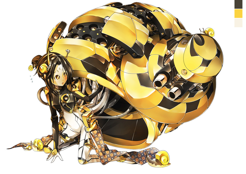 absurdres blush bodysuit brown_hair highres keong_emas kneeling looking_back mecha open_mouth princess_royale shell short_hair simple_background sinlaire snail solo white_background yellow_eyes
