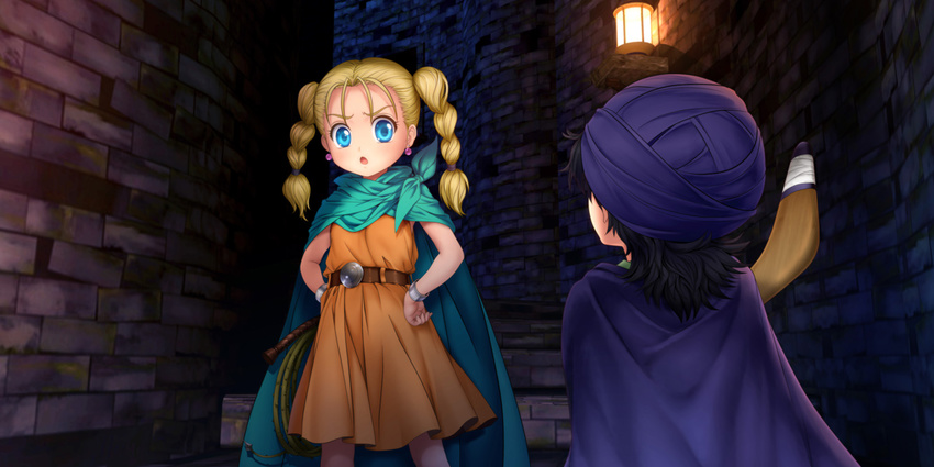 :o bianca blonde_hair blue_eyes blush boomerang braid cape dragon_quest dragon_quest_v hands_on_hips hat hero_(dq5) highres long_hair mutsuki_(moonknives) turban twin_braids younger