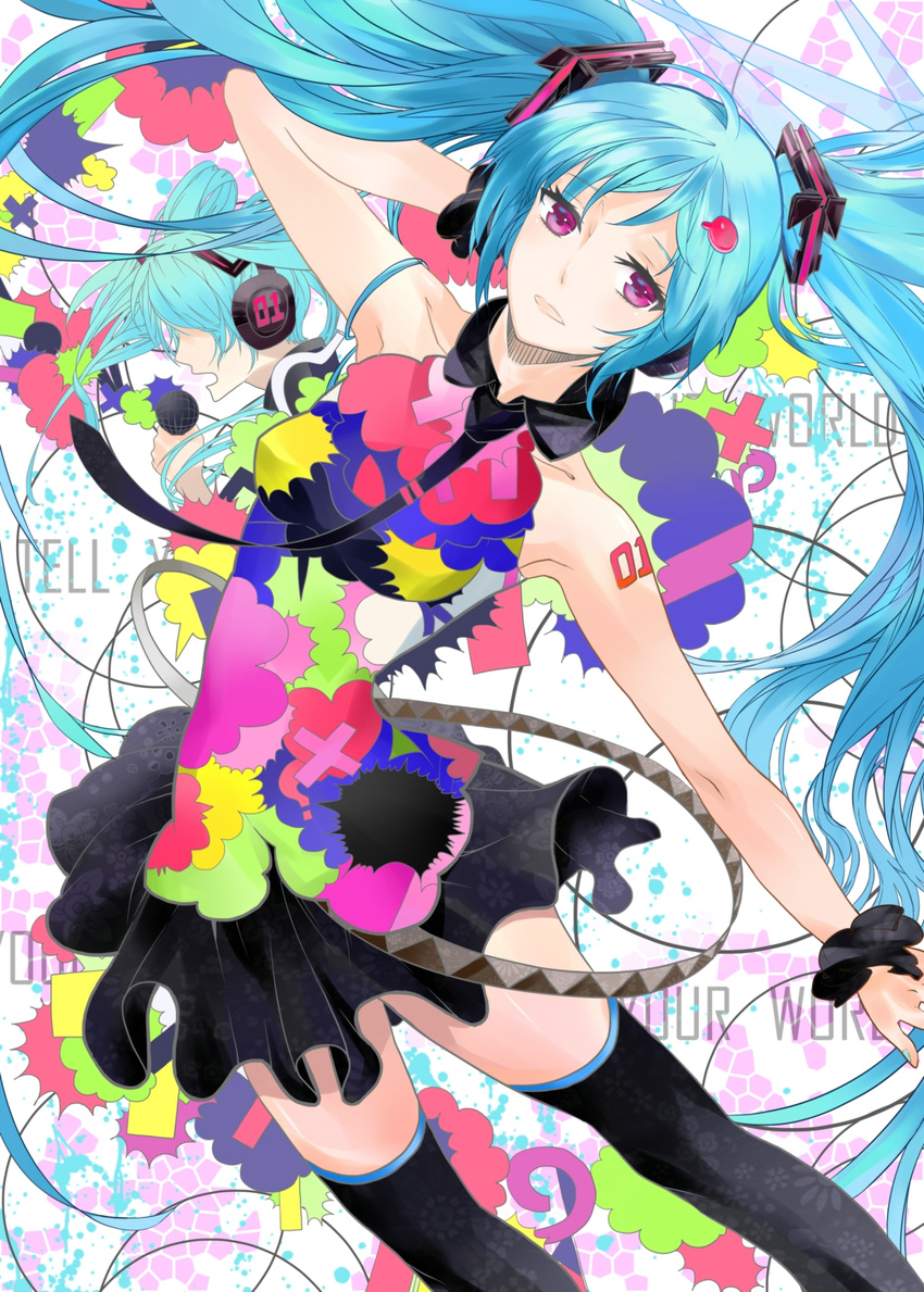 aqua_hair citemer colorful copyright_name hatsune_miku headphones highres long_hair long_legs microphone multiple_girls necktie purple_eyes skirt tell_your_world_(vocaloid) thighhighs twintails very_long_hair vocaloid