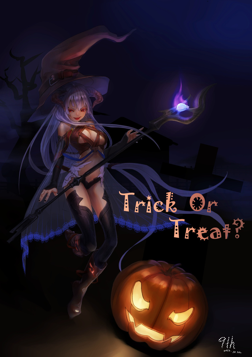 2012 dark dated glowing halloween hat highres holding holding_weapon horns jack-o'-lantern long_hair looking_at_viewer masashi_(excellent) original pumpkin purple_hair red_eyes rod solo staff standing thighhighs trick_or_treat wand weapon witch_hat