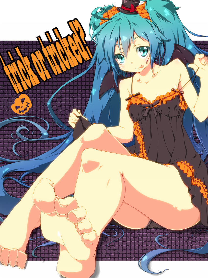 barefoot bat_wings collarbone feet foreshortening halloween haruyonoto hat hatsune_miku highres long_hair pov_feet pumpkin soles toes tongue tongue_out trick_or_treat very_long_hair vocaloid wings