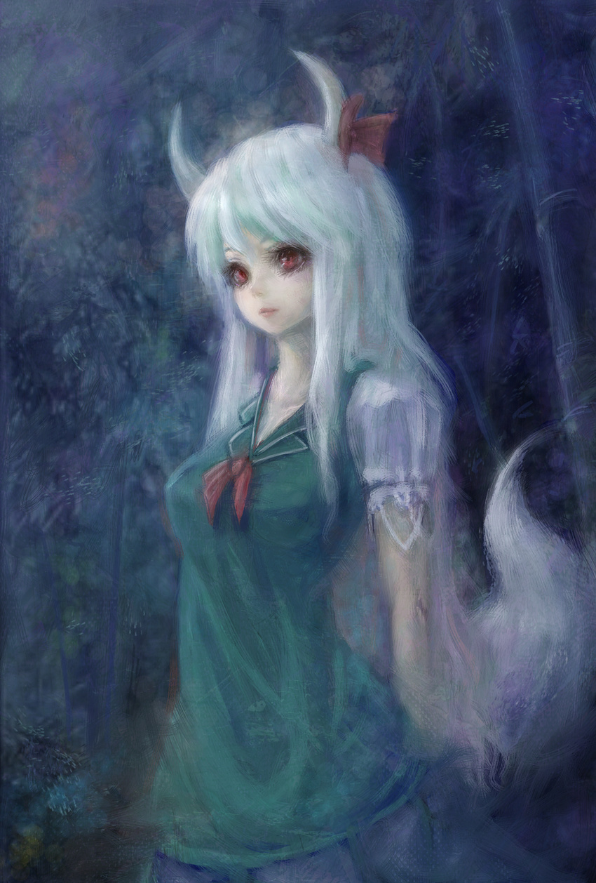 dress ex-keine green_hair hiepita_(1014) highres horn_ribbon horns kamishirasawa_keine long_hair red_eyes ribbon solo tail touhou