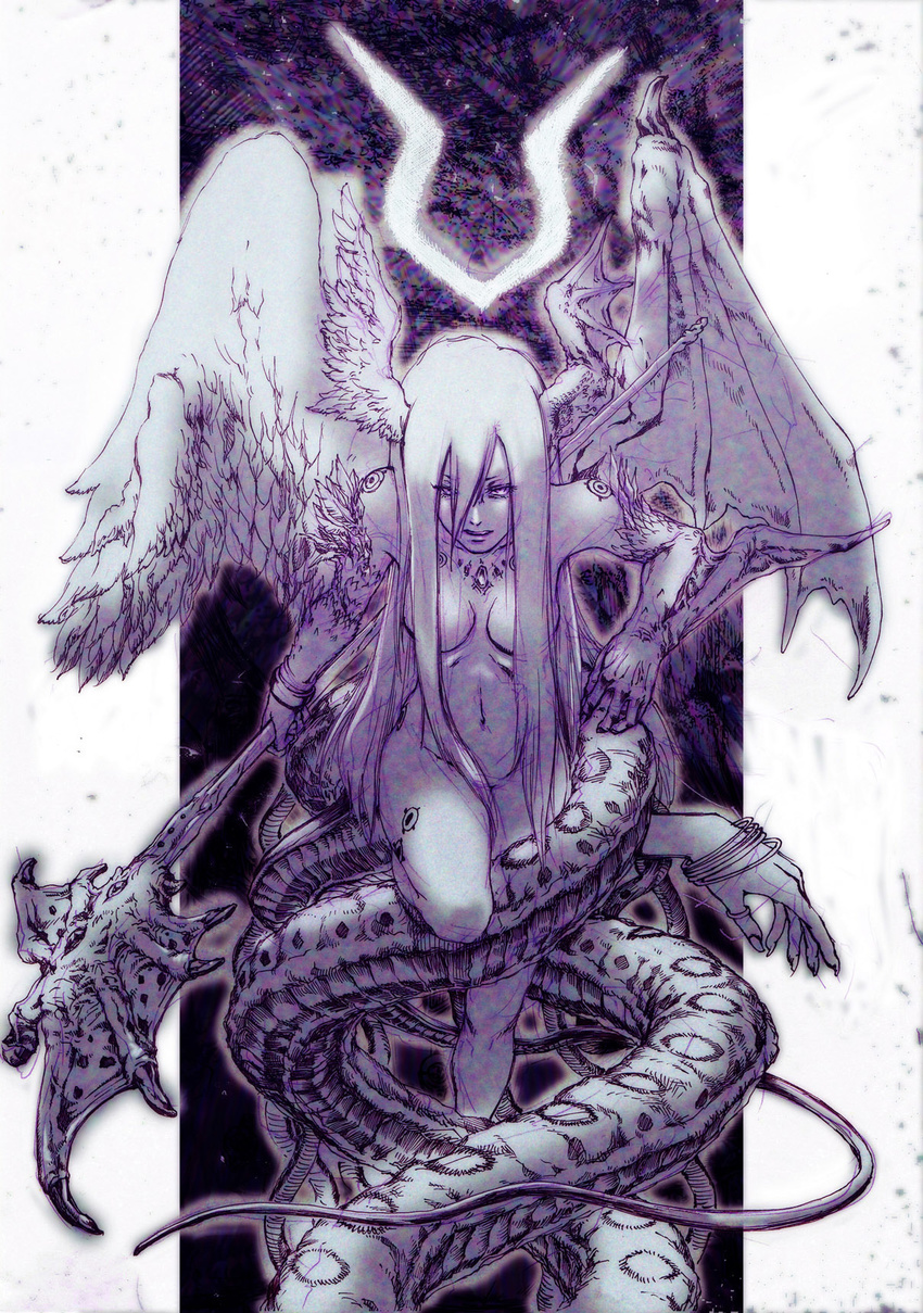 ballpoint_pen_(medium) bracelet caduceus dal-segno graphite_(medium) hair_between_eyes hair_censor hair_over_breasts head_wings highres jewelry long_hair monochrome monster_girl navel nude original parted_lips purple snake_tail solo staff tail traditional_media very_long_hair wings