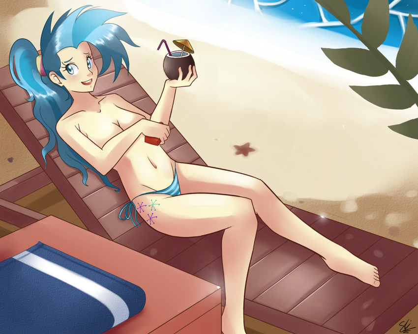 allie_way_(mlp) beach blue_eyes blue_hair breasts chair coconut convenient_censorship cutie_mark drink female friendship_is_magic hair human humanized leaf looking_at_viewer lying my_little_pony panties sallymon sand seaside solo starfish straw sunscreen tree umbrella underwear water wood