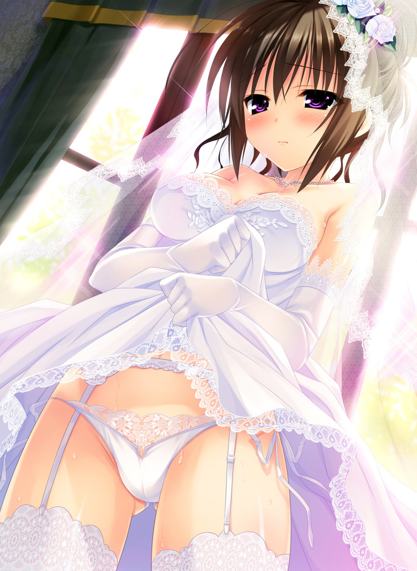 bare_shoulders blush breasts bridal_veil bride brown_hair chikotam cowboy_shot dress dress_lift elbow_gloves flower game_cg garter_belt glint gloves hair_up highres jewelry koiiro_marriage lace lace-trimmed_gloves lace-trimmed_panties lace-trimmed_thighhighs medium_breasts morikawa_mihono necklace panties panties_over_garter_belt purple_eyes solo sparkle sunlight sweat thighhighs underwear veil wedding_dress white_dress white_gloves white_legwear white_panties