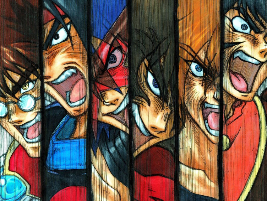 black_hair blue_hair brown_hair crossover domon_kasshu g_gundam getter_robo glasses gundam kabuto_kouji macross macross_7 male_focus manly mazinger_z multiple_boys multiple_crossover nagare_ryoma nekki_basara open_mouth shishiou_gai shouting simon star_shades tengen_toppa_gurren_lagann trait_connection wrato yuusha_ou_gaogaigar yuusha_series