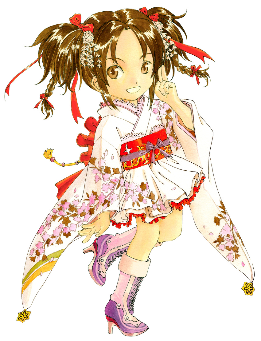 absurdres boots brown_eyes brown_hair cherry_blossoms floral_print frilled_skirt frills fujishima_kousuke full_body furisode hair_ornament hair_ribbon highres japanese_clothes kimono kimono_skirt lace leg_lift looking_at_viewer obi official_art original red_ribbon ribbon salute sash short_twintails simple_background skirt smile solo standing standing_on_one_leg tomoe-chan traditional_media twintails two-finger_salute white_background