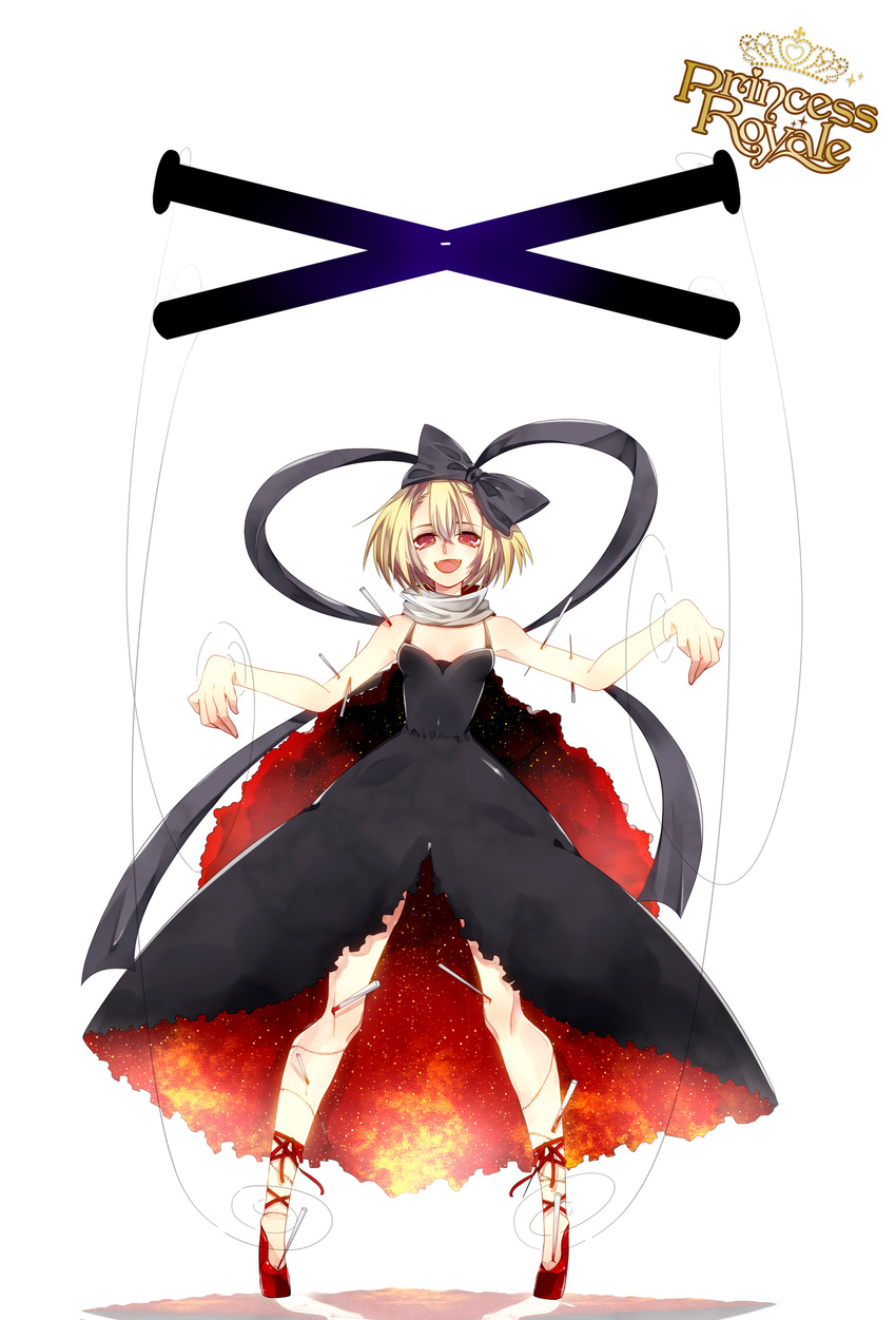 1girl blonde_hair bow english fire flames haine_(howling) hair_bow high_heels highres marionette open_mouth original platform_footwear princess_royale puppet red_eyes ribbon scarf shoes simple_background smile stitches the_red_shoes torn_clothes white_background