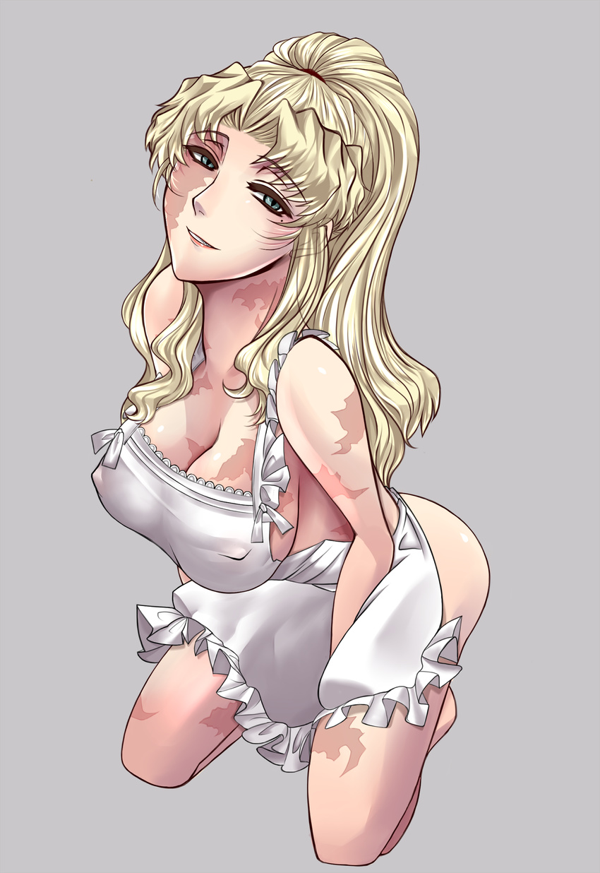 akabi_(alaburu) apron balalaika_(black_lagoon) black_lagoon blonde_hair blue_eyes breasts cleavage full_body highres large_breasts long_hair mole mole_under_eye naked_apron open_mouth smile solo