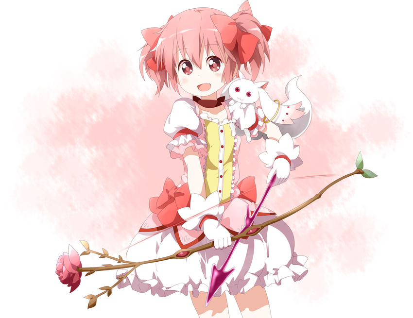 :3 :d bow bow_(weapon) bubble_skirt flat_chest flower gloves hair_bow kaname_madoka kyubey looking_at_viewer magical_girl mahou_shoujo_madoka_magica open_mouth pink_eyes pink_hair rose ruu_(tksymkw) short_twintails skirt smile twintails weapon