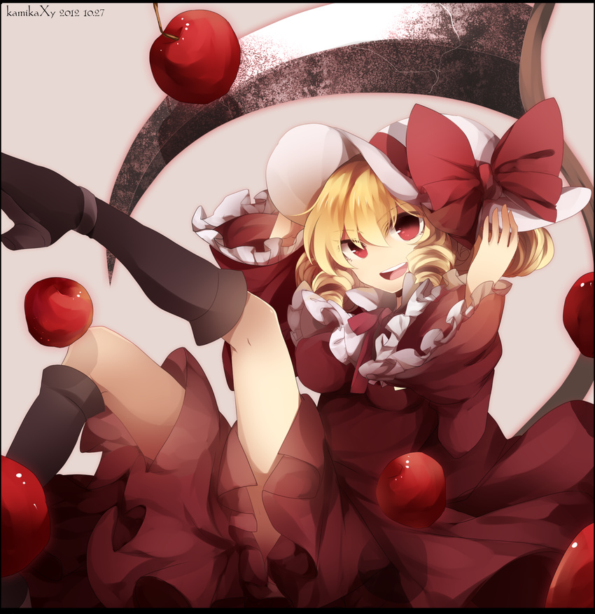 apple bad_id bad_pixiv_id blonde_hair boots bow dated dress elly food fruit hat hat_bow highres long_hair open_mouth red_eyes scythe shouen_kigashi smile solo touhou touhou_(pc-98)