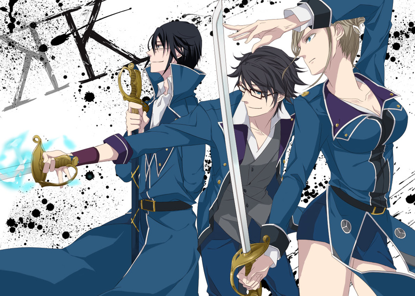 2boys awashima_seri black_hair blonde_hair blue_eyes breasts cleavage fushimi_saruhiko glasses k_(anime) large_breasts miniskirt multiple_boys munakata_reishi short_hair skirt sword uniform weapon