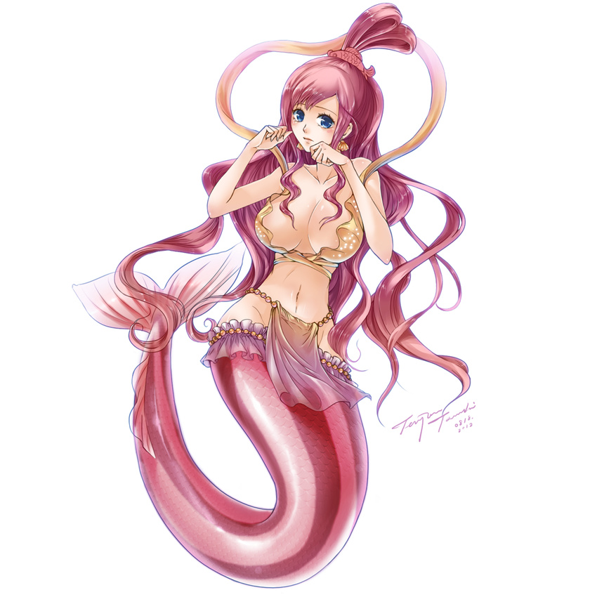 1girl blue_eyes breasts cleavage earrings fishman_island jewelry large_breasts long_hair mermaid monster_girl one_piece pink_hair princess shirahoshi solo tears tenjoutsuki