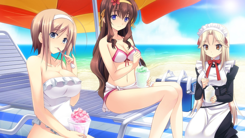 anata_no_koto_o_suki_to_iwasete beach bikini blue_eyes brown_hair game_cg long_hair swimsuit