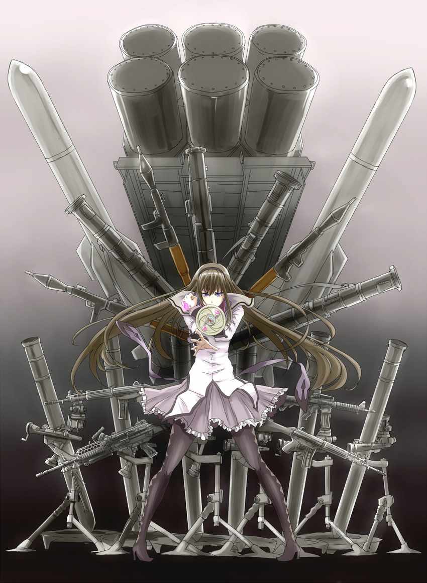 akemi_homura argyle argyle_legwear artillery assault_rifle bad_id bad_pixiv_id black_hair gun hairband highres magical_girl mahou_shoujo_madoka_magica maki_(huran) missile pantyhose pigeon-toed purple_eyes rifle rocket_launcher rpg rpg-7 solo weapon