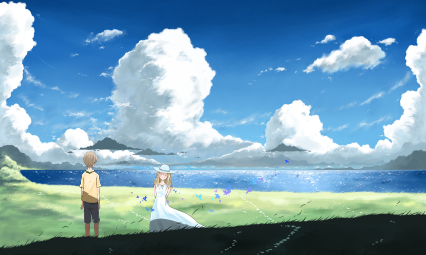 1girl absurdres arms_behind_back blonde_hair brown_hair closed_eyes cloud day dress grass hat highres leaf long_hair ocean original scenery short_hair sky smile sun_hat sundress wind xiao_zhangyu