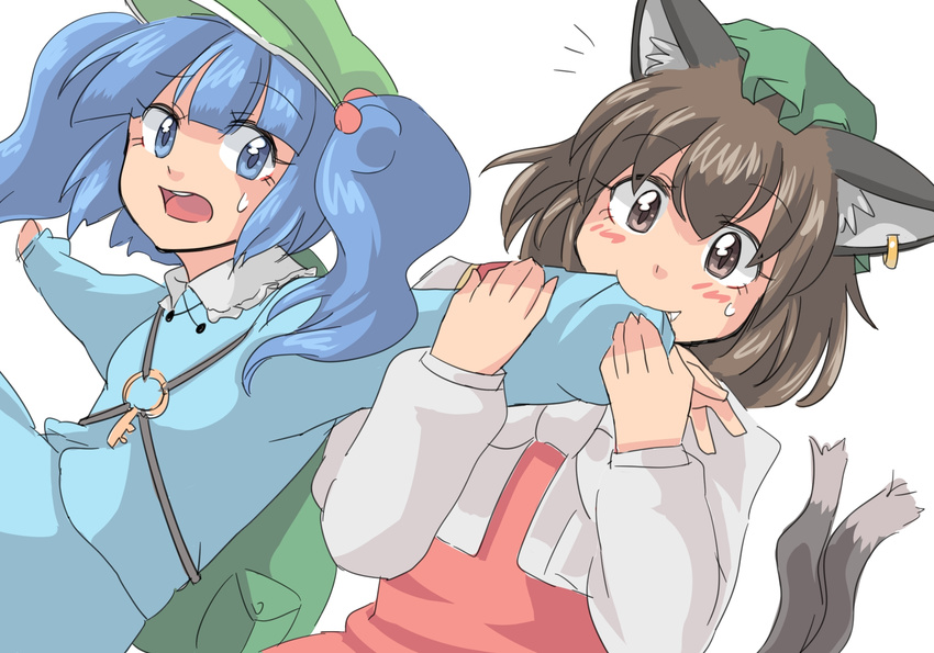 animal_ears backpack bad_id bad_pixiv_id bag biting blue_eyes blue_hair brown_eyes brown_hair cat_ears cat_tail chen hair_bobbles hair_ornament hat highres jewelry kawashiro_nitori key mana_(tsurubeji) multiple_girls multiple_tails open_mouth short_hair smile sweatdrop tail touhou two_side_up