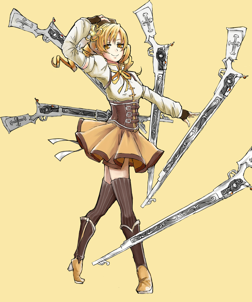 bad_id bad_pixiv_id beret blonde_hair boots corset detached_sleeves drill_hair fingerless_gloves full_body gloves gun hair_ornament hat highres magical_girl magical_musket mahou_shoujo_madoka_magica maki_(huran) simple_background skirt smile solo striped striped_legwear thighhighs tomoe_mami twin_drills twintails vertical-striped_legwear vertical_stripes weapon yellow_background yellow_eyes