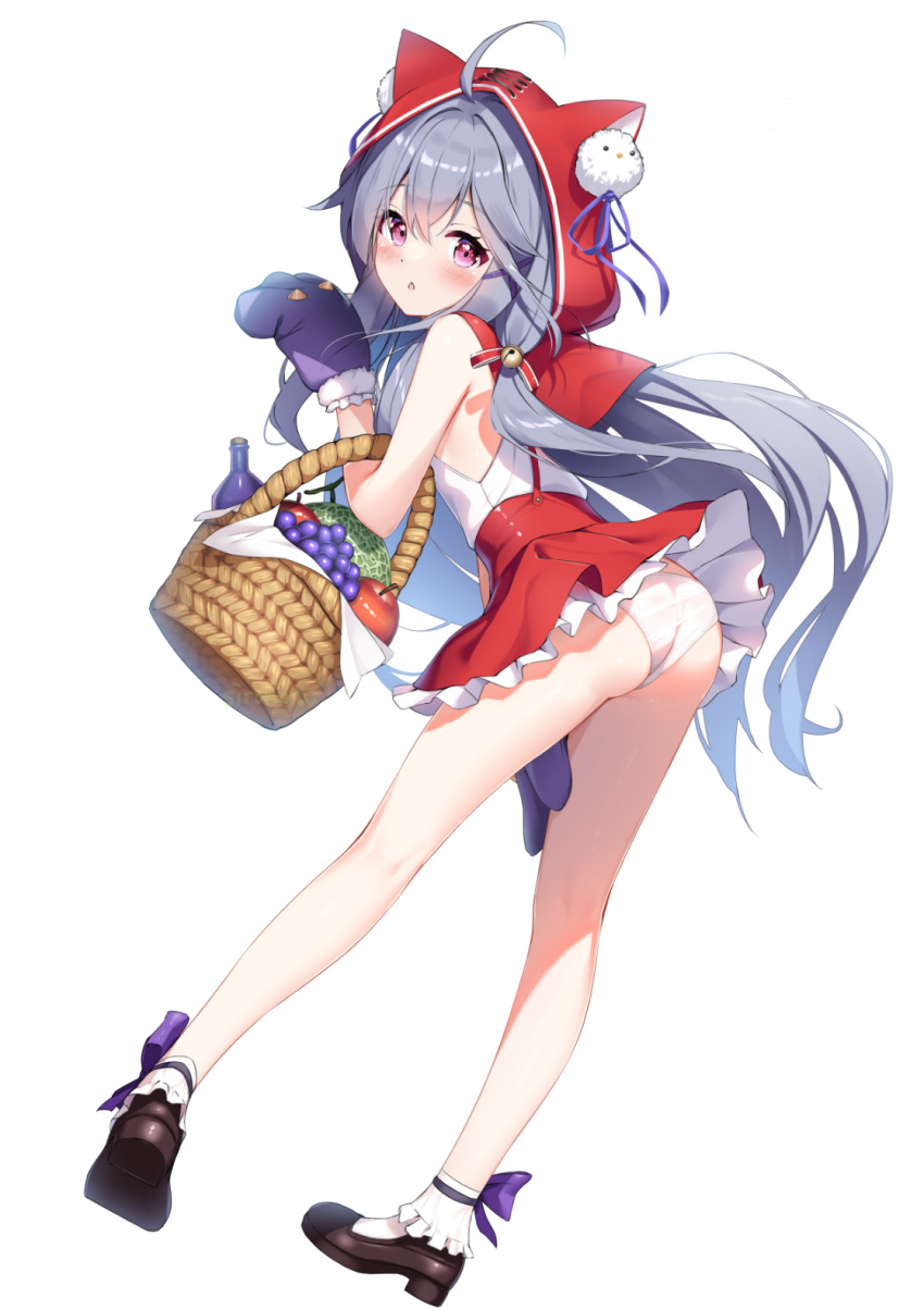 1girl ahoge animal_ear_hood animal_hands apple ass basket bell bloom blush bottle brown_dust_(series) brown_dust_2 brown_shoes eyebrows_hidden_by_hair food from_behind fruit full_body gloves grapes grey_hair hair_bell hair_between_eyes hair_ornament highres holding holding_basket hood jingle_bell leaning_forward long_hair looking_at_viewer looking_back open_mouth panties pantyshot paw_gloves picnic_basket purple_eyes red_hood red_skirt rou_(brown_dust) shadow shoes simple_background sironora skirt socks solo suspender_skirt suspenders underwear white_background white_panties white_socks wine_bottle