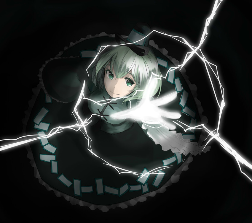 ariadoszz breasts dress electricity green_eyes green_hair hat highres large_breasts outstretched_hand smile soga_no_tojiko solo tate_eboshi touhou
