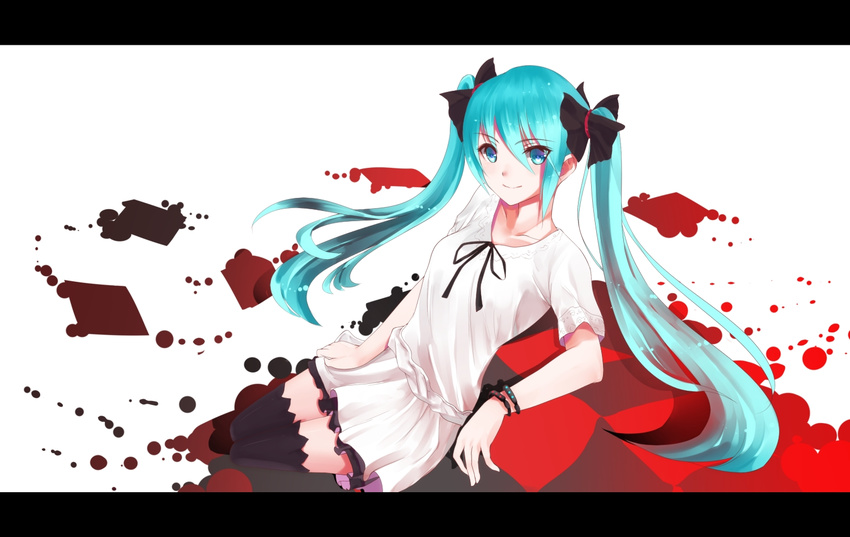 alternate_costume aqua_eyes aqua_hair bad_id bad_pixiv_id black_legwear bow bracelet hair_bow haori_iori hatsune_miku jewelry letterboxed long_hair looking_at_viewer smile solo thighhighs twintails vocaloid white_background world_is_mine_(vocaloid)