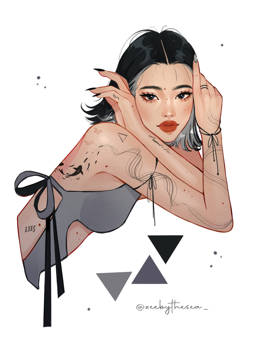 1girl abstract aegyo_sal against_table arm_tattoo arm_up asian back_tattoo black_eyes black_hair bracelet clothing_cutout colored_inner_hair cropped_torso eyelashes fashion finger_tattoo fingernails fish_tattoo flipped_hair forehead from_side grey_hair grey_nails grey_shirt hand_on_own_cheek hand_on_own_face highres invisible_table jewelry light_particles long_fingernails looking_at_viewer mei_(zeebythesea) mole mole_on_arm mole_on_back mole_on_cheek mole_on_forehead mole_on_hand mole_on_stomach multicolored_hair nail_art orange_lips original ring shirt short_hair sleeveless sleeveless_shirt stomach_cutout tattoo text_tattoo thick_eyebrows thick_lips tight_top triangle triangle_tattoo twitter_username upper_body zeebythesea