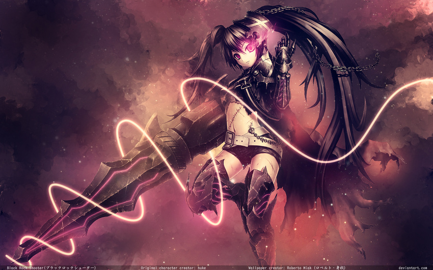 1girl armor belt black_hair black_rock_shooter blade cape chains closed_mouth female gauntlets glowing glowing_eyes highres huge_weapon insane_black_rock_shooter long_hair midriff navel purple_eyes scar shorts solo sword twintails wallpaper weapon