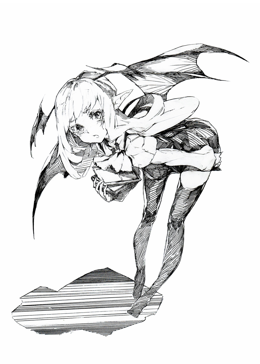 absurdres bat_wings bent_over black_legwear book graphite_(medium) greyscale head_wings highres koakuma long_hair looking_at_viewer monochrome oshake pointy_ears simple_background solo thighhighs touhou traditional_media white_background wings