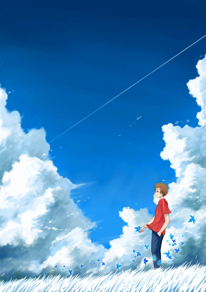 absurdres blue_eyes brown_hair cloud day grass highres leaf male_focus original scenery sky solo standing xiao_zhangyu