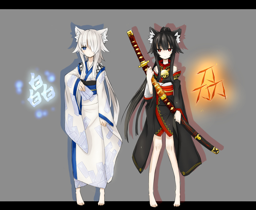 animal_ears barefoot black_hair blue_eyes character_name haku_(kazana) highres japanese_clothes kazana_(sakuto) letterboxed long_hair looking_at_viewer multiple_girls original red_eyes saku_(kazana) siblings sword twins weapon white_hair wolf_ears