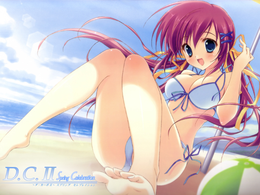 ball barefoot beach beachball bikini blue_eyes blush breasts cleavage da_capo da_capo_ii day feet front-tie_top hair_ribbon lens_flare long_hair medium_breasts non-web_source open_mouth outdoors parasol pink_hair ribbon ryouka_(suzuya) shirakawa_nanaka side-tie_bikini smile solo swimsuit twintails umbrella wallpaper