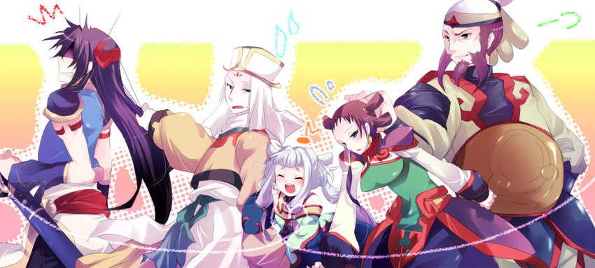 3boys albino black_hair blush brown_hair chinese_clothes closed_eyes code_geass gao_hai hat hong_gu kurohara_yuu li_xingke long_hair makeup multiple_boys multiple_girls pale_skin sword tianzi twintails weapon white_hair zhou_xianglin