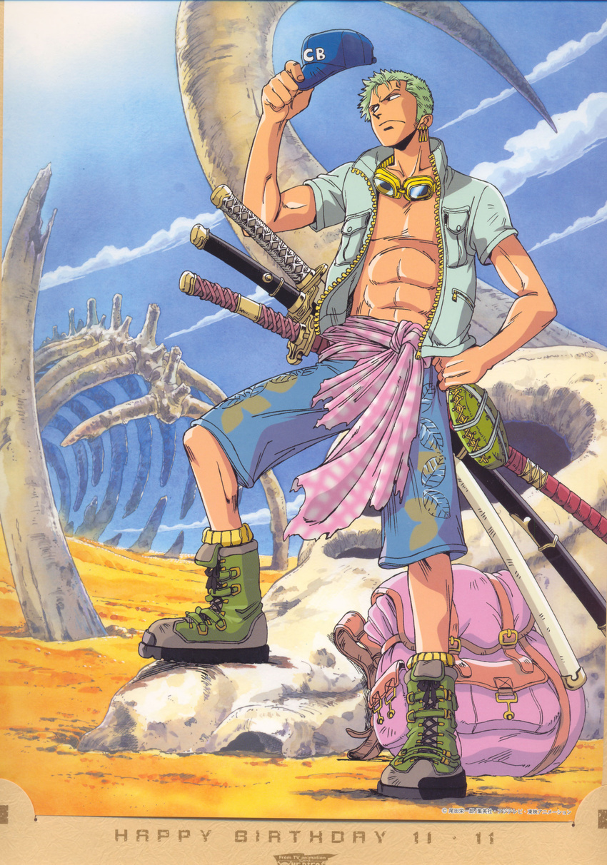 absurdres artist_request backpack bag bone canteen earrings goggles highres jacket jewelry katana male_focus one_piece open_clothes open_jacket roronoa_zoro solo sword weapon