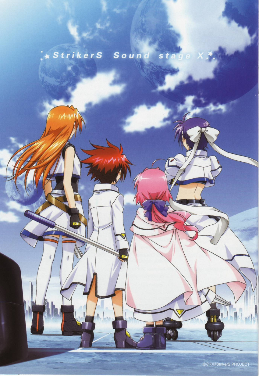 3girls back bow caro_ru_lushe cross_mirage erio_mondial fingerless_gloves from_behind gloves hair_bow highres inline_skates jacket long_hair lyrical_nanoha mach_caliber mahou_shoujo_lyrical_nanoha_strikers mahou_shoujo_lyrical_nanoha_strikers_sound_stage_x midriff moon multiple_girls okuda_yasuhiro orange_hair pink_hair ponytail purple_hair red_hair roller_skates short_hair skates staff strada subaru_nakajima teana_lanster thighhighs