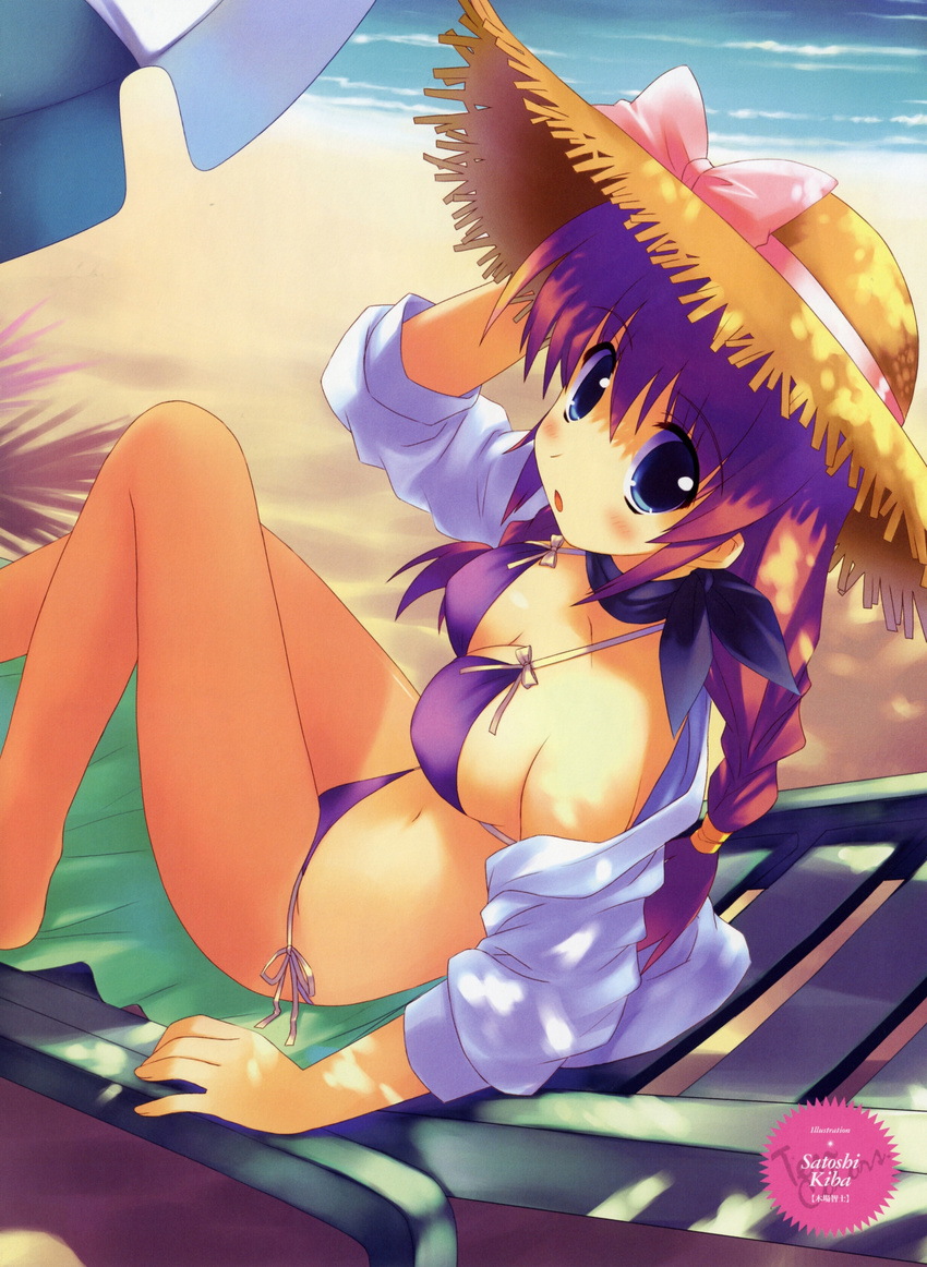 absurdres beach bikini blue_eyes blush braid breasts copyright_request day hat highres kiba_satoshi large_breasts long_hair midriff navel ocean outdoors purple_hair side-tie_bikini straw_hat swimsuit water